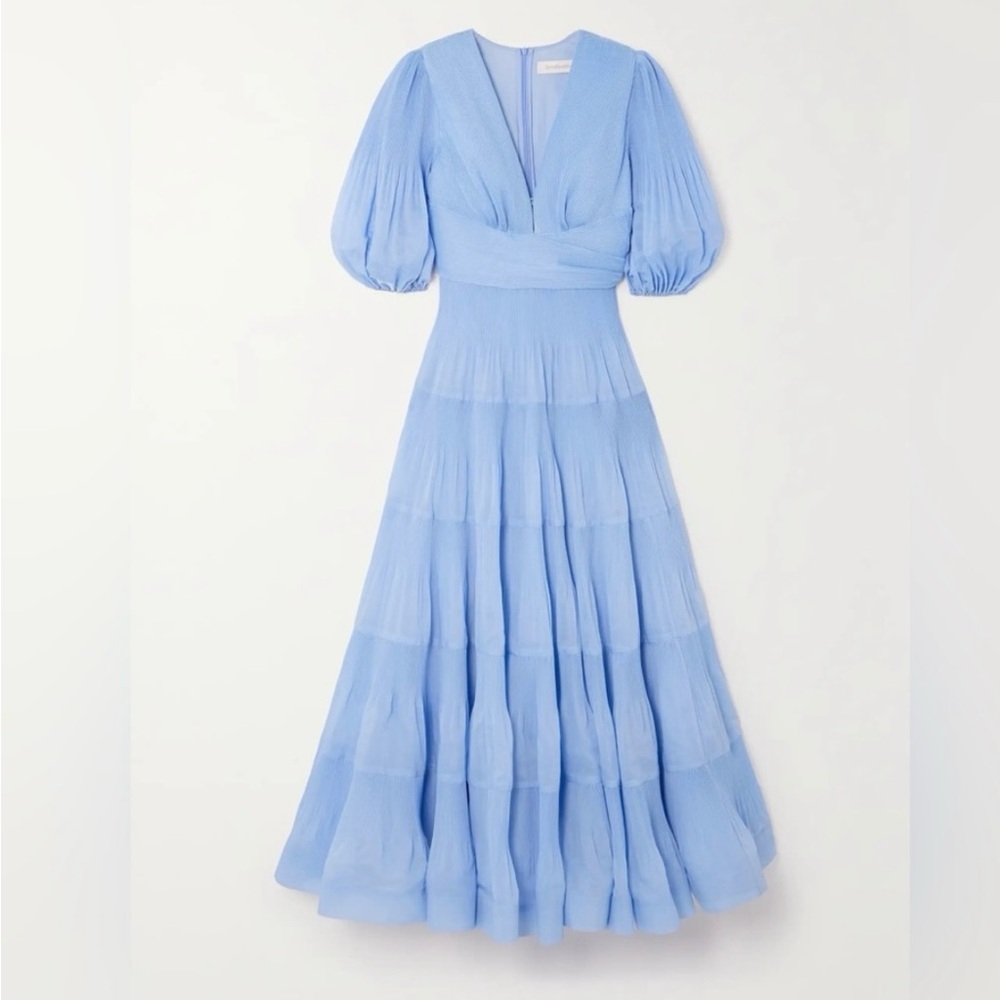 Powder Blue V-Neck Puff Sleeve Maxi Dress